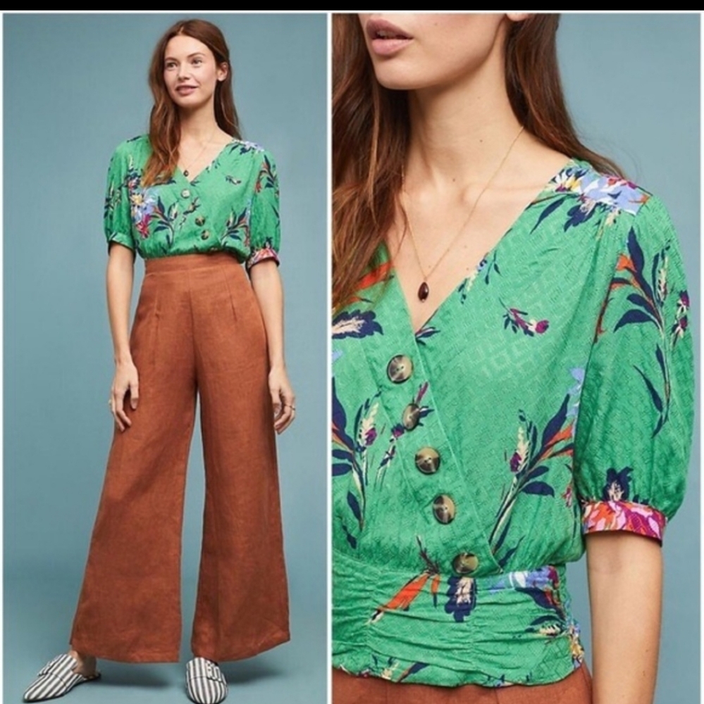 Anthropologie Green Floral V-Neck Button Front Blouse